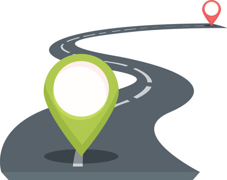 Winding road is leading to a destination marked with a location pin, emphasizing the concept of journey and route planning