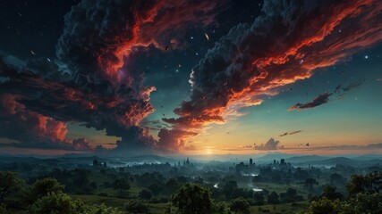 Obraz premium A breathtaking sunset featuring dramatic, fiery clouds over a lush landscape with distant mountains and a river. 