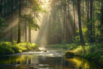 Obraz premium Sunlight filtering through lush trees in a tranquil riverside forest environment