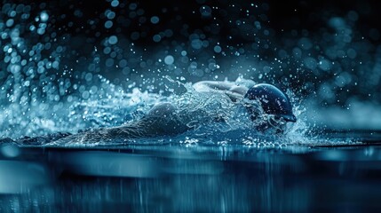 An athlete swimmer with the composition creates cinematic dynamic movements of competition atmosphere and speed while diving in the water