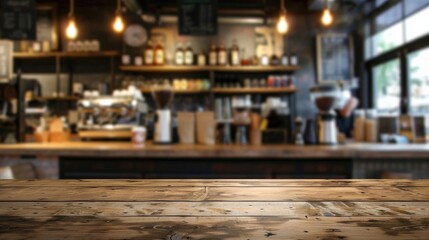 Blurry coffee shop background behind an empty wooden table