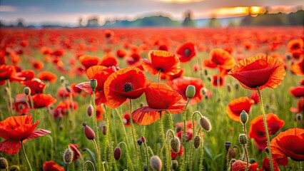 Fototapeta premium Wild field full of blooming poppies with red petals, nature, flowers, red, beauty, vibrant, meadow, bloom, petals, summer