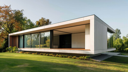 Modern minimalist house, exterior view with lawn
