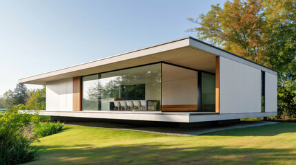 Modern minimalist house, exterior view with lawn