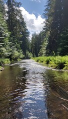 Fototapeta premium Serene forest landscape with sunlight shining on river peaceful natural beauty