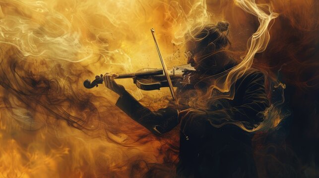 Smart musician focusing on playing instrument with colorful smoke and absorbing impressive feeling from melody. Professional instrumentalist or performing instrumental skill or playing violin. AIG42.