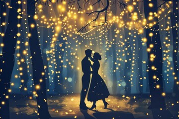 A romantic couple dances under a magical canopy of twinkling fairy lights, surrounded by lush greenery and a starry night sky. The illustration exudes a sense of wonder and enchantment.