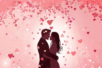 A loving couple embracing under a shower of rose petals, surrounded by floating hearts that symbolize their love and affection. The atmosphere is filled with romance and tenderness.