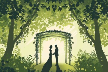 A loving couple exchanges vows surrounded by lush greenery, as nature bears witness to their love. The serene atmosphere is filled with joy and happiness.