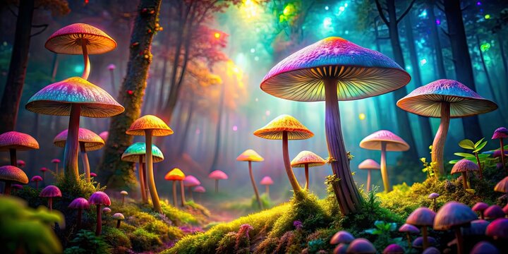 Enchanting image of glowing mushrooms in a mystical forest surrounded by psychedelic colors, mushrooms, glowing