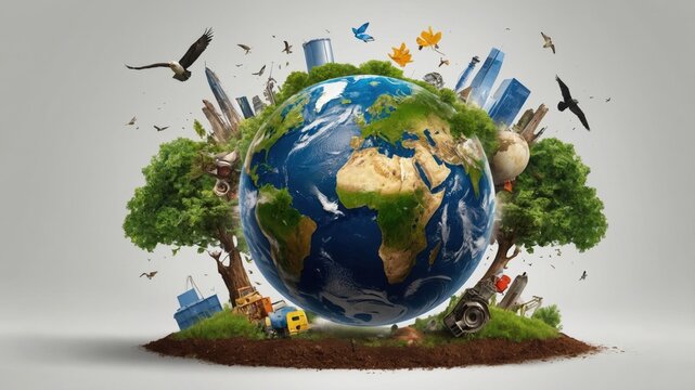 A globe featuring a blend of natural landscapes and urban buildings, highlighting the balance between nature and human development.
