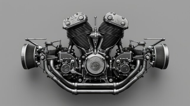 Vintage motorcycle engine artwork with detailed mechanical parts