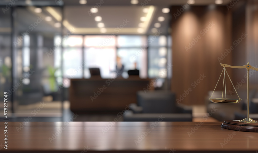 Wall mural scales of justice on a desk in a modern lawyer's office with blurred background