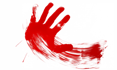 Red handprint with brushstroke on white background, symbolizing creativity, art, or a statement