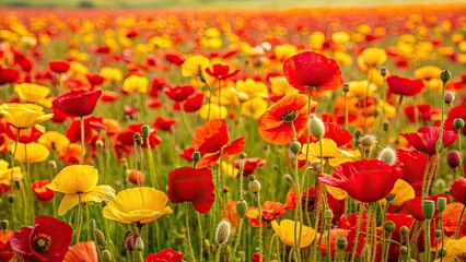 Fototapeta premium Red and yellow poppies arranged in a patchwork style, blooms, flowers, vibrant