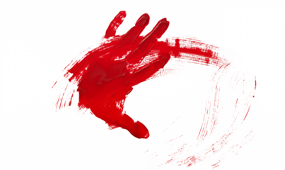 Red handprint with brushstroke on a white background, symbolizing creativity, expression, or artistic statement