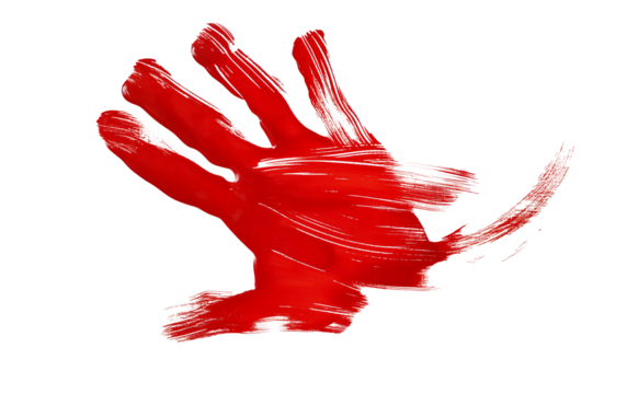 Red handprint with bold brushstrokes on a white background, representing creativity and artistic expression