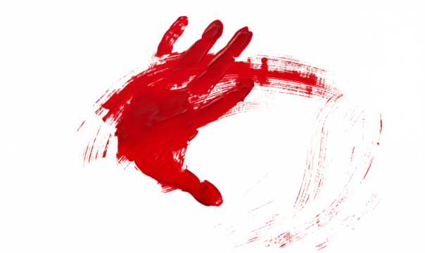 Red handprint with brushstroke on a white background, symbolizing creativity, expression, or artistic statement