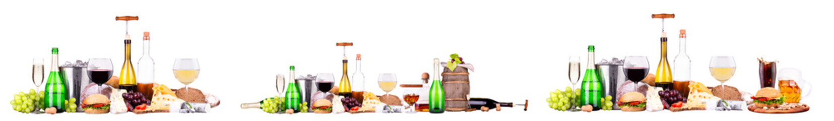 Set of drinks including beer, wine, soda, and cocktails with burgers and snacks