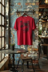 A blank red shirt hanged on, minimal decoration , shirt mockup , gray background