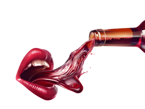 Red wine pouring into seductive lips, creating a dynamic and artistic visual with a white background