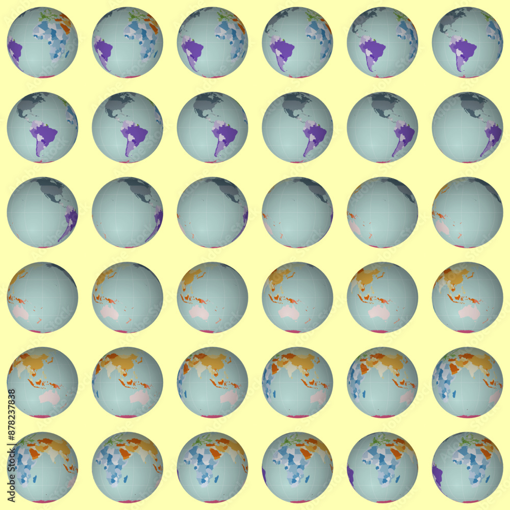 Poster collection of globes. normal sphere view. rotation step 10 degrees. colored countries style. world m