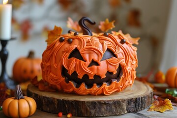 Spooky pumpkin cake with orange icing, surrounded by autumn leaves