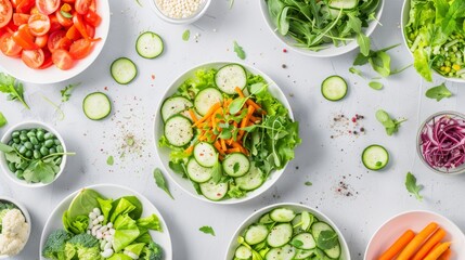 Fresh Green Salad with Assorted Vegetables in Minimalistic Flat Lay Composition