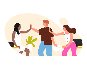 Team of business people giving high five, young employees clap hands together vector illustration