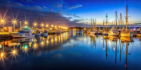 Naklejka premium Night time photo of lights shining in a harbor , harbor, night, lights, reflection, water, boats, ships, port, maritime, evening
