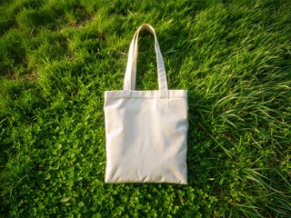 cotton tote bag spread on grass field, eco friendly themes 