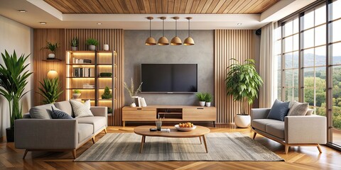 Cozy living room interior with modern TV , comfortable, sofa, home, design, entertainment, technology, relax, carpet