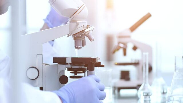 Assertive male scientist looking through a microscope
