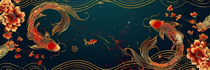 A refined Asian-style background showcasing koi carp swimming among intricate floral patterns, symbolizing prosperity and harmony.