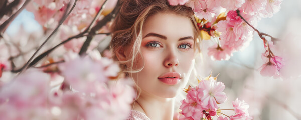 Fototapeta premium Woman posing in front of pink cherry blossoms in spring
