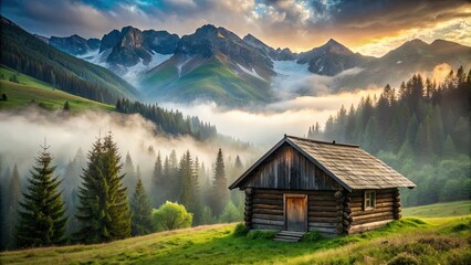 Rustic wooden cabin in a foggy mountain valley surrounded by serene natural landscape, cabin, rustic, wooden, foggy, mountain