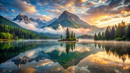 Majestic misty mountain landscape with a serene lake , misty, mountain, landscape, tranquil, peaceful, nature, scenic