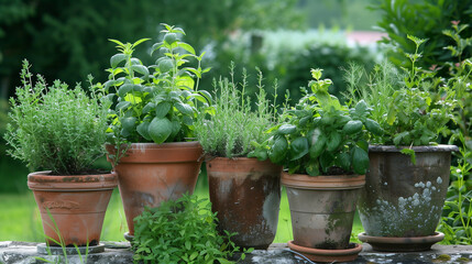 A row of potted plants with herbs in them. The plants are in different sizes and are placed in a row