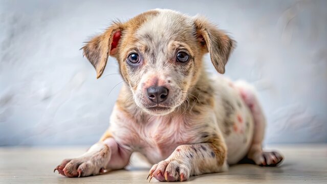 Close up of a puppy suffering from canine scabies skin disease with visible lesions and dermatitis, leprosy, dogs, disease, canine