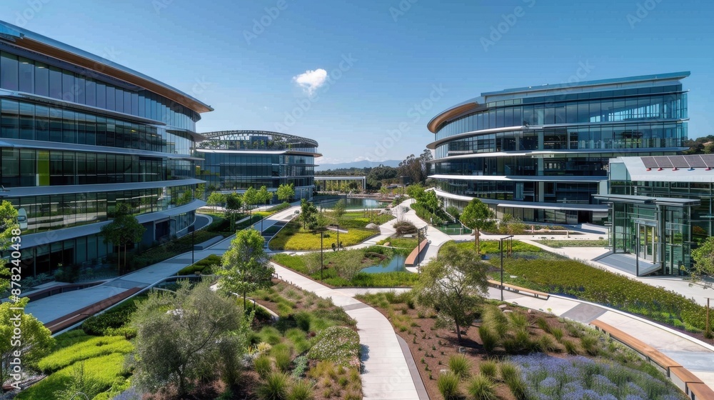 Poster design a cutting-edge tech company campus with sustainable architecture and green spaces. use a pale