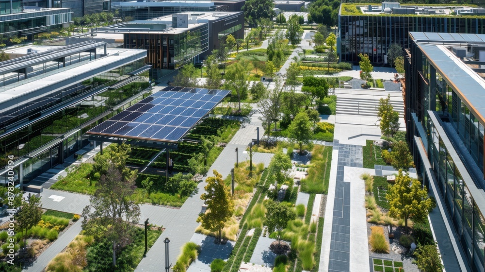 Poster design a cutting-edge tech company campus with sustainable architecture and green spaces. use a pale
