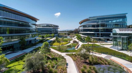 Design a cutting-edge tech company campus with sustainable architecture and green spaces. Use a palette of eco-friendly greens