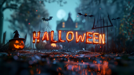 Spooky Halloween night scene with pumpkin and glowing sign.