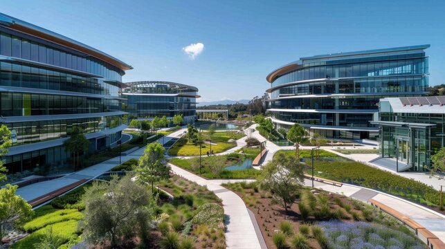 Design a cutting-edge tech company campus with sustainable architecture and green spaces. Use a palette of eco-friendly greens