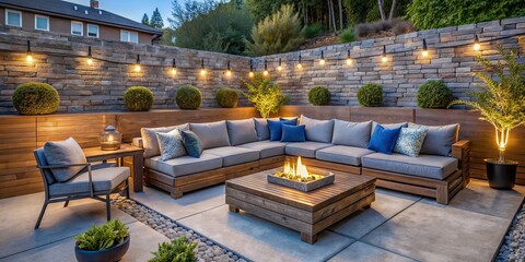 Beautiful outdoor patio with elegant gray and blue themed seating area featuring a firepit