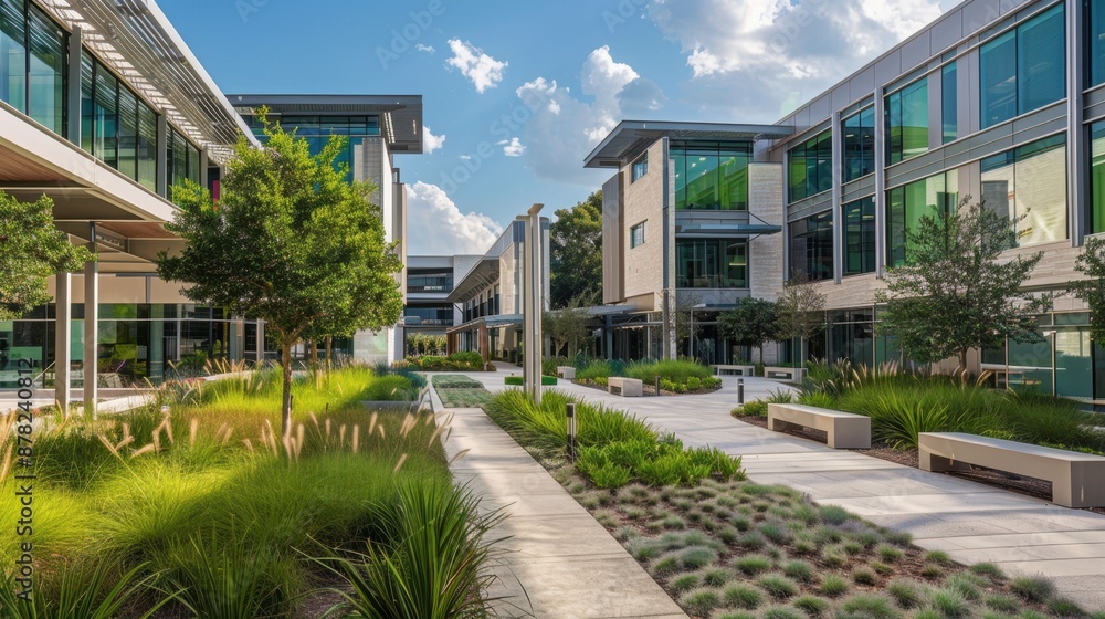 Poster design a cutting-edge tech company campus with sustainable architecture and green spaces. use a pale
