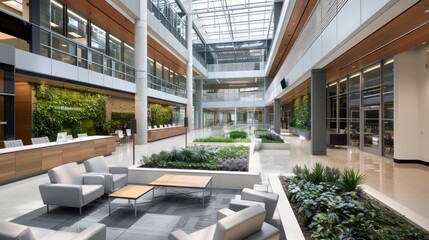 Design a cutting-edge tech company campus with sustainable architecture and green spaces. Use a palette of eco-friendly greens