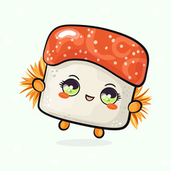 Cute funny jumping Sushi. Vector hand drawn cartoon kawaii character illustration icon. Isolated on light green background. Red Sushi concept