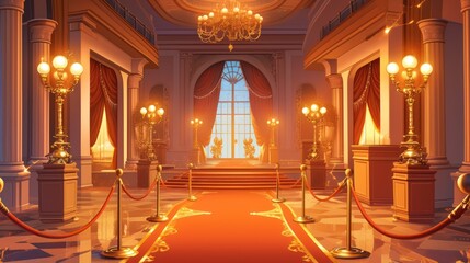 Fototapeta premium An abstract art illustration carpet leads to the entrance of the venue, illuminated by spotlights and flanked on both sides with silver laces, creating a luxurious atmosphere for important events.