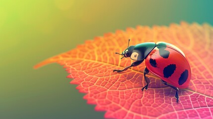Obraz premium Macro scene featuring ladybug gradient leaf on surface dew drops use projects eco designs studies single texture in garden insect entomology forest